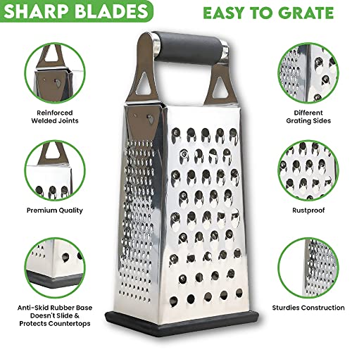 K Basix Professional Box Grater For Kitchen, 4 Sided Box Cheese Grater, Stainless Steel Box Grader For Cheese, Potato, Carrot Peeler And Slicer With Non-Slip Base, Dishwasher Safe #TOP3
