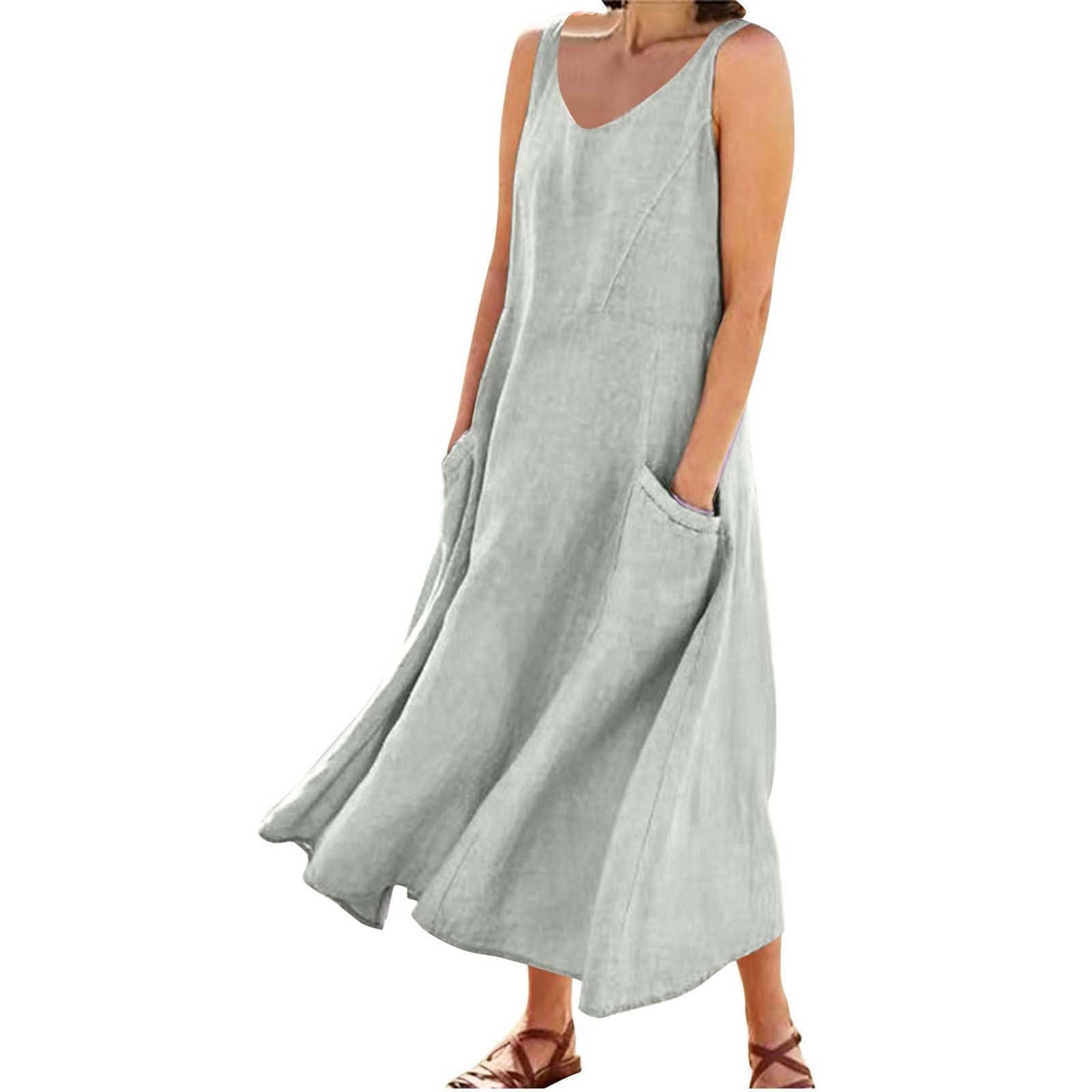 Vestido largo de lino para mujer, vestido largo de verano para mujer, tallas grandes, vestido de ocio, ligero, ventilado, para la playa, elegante, vestido de casa, vestido de tirantes monocolor