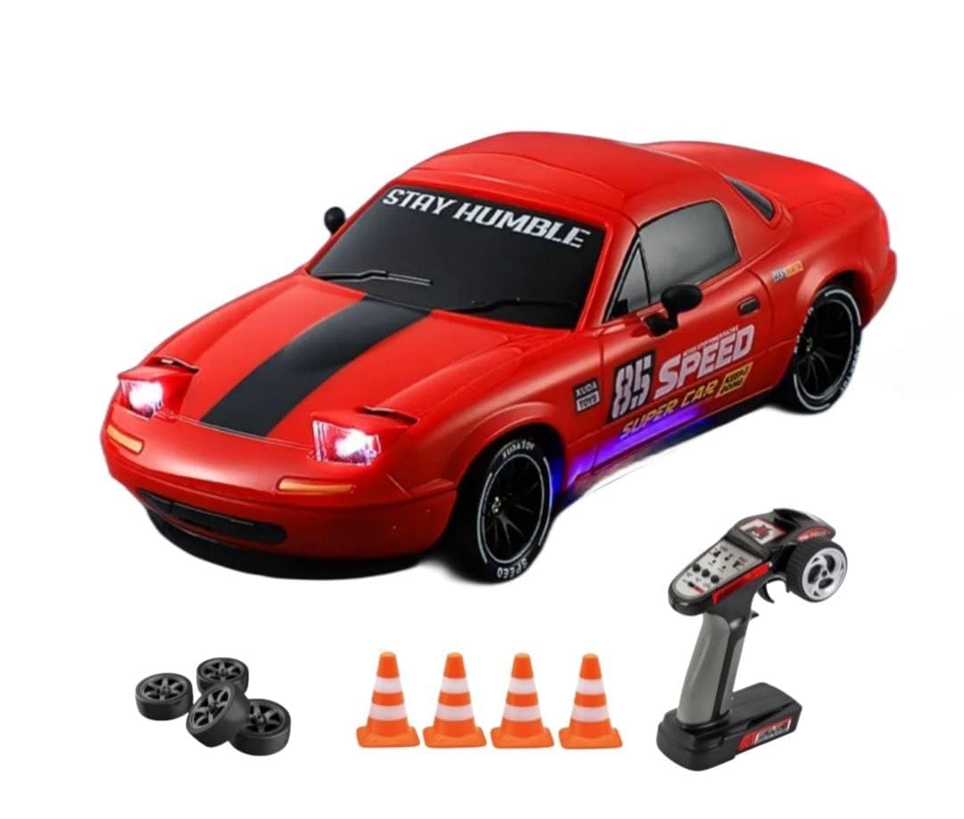 Daji RC Drift Car 1:14 Scale 4WD High-Speed Remote Control Car with LED Lights 2.4GHz Rechargeable Drift Racing Car with Extra Tires & Cones Toy for Kids [Colors as Per Stock] (Mazada Rc Drift -Red)-picture-23