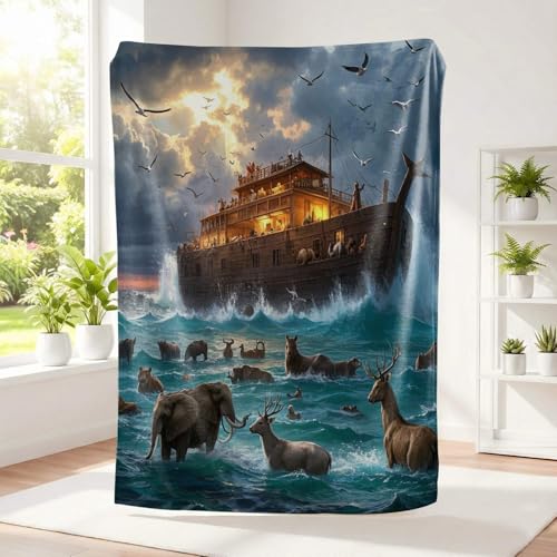 3D HD Oil Painting Biblical Noah's Ark Print Premium Flannel Bedding Blanket, Multi-Size Selection Cozy Soft Decorative Throw for Couch Bed (10,30in*40in)