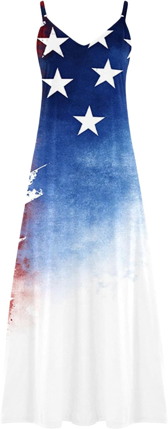 American Flag Maxi Dress for Women Summer Loose V Neck Spaghetti StrapSleeveless Beach Vacation Lounge Dresses