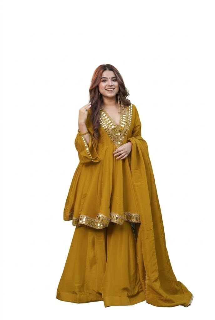 Women’s Mustrad Yellow Embroidered Sharara Suit Set – Chanderi Slik Kurta with Dupatta | Ready-to-Wear Wedding & Festive Ethnic Outfit-image-35