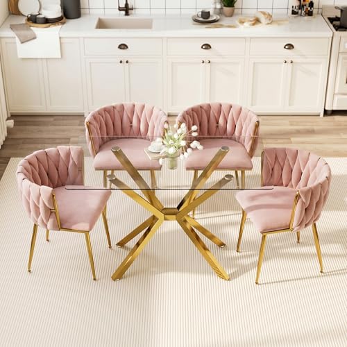 Image of Golden Glass Dining Table Set for 4 with 47.2 inch Rectangular Tempered Glass, 5 Pieces Kitchen Table Set with 4 Comfortable Velvet Chairs for Living Room, Apartments Small Place, Cafe (Pink Chairs)
