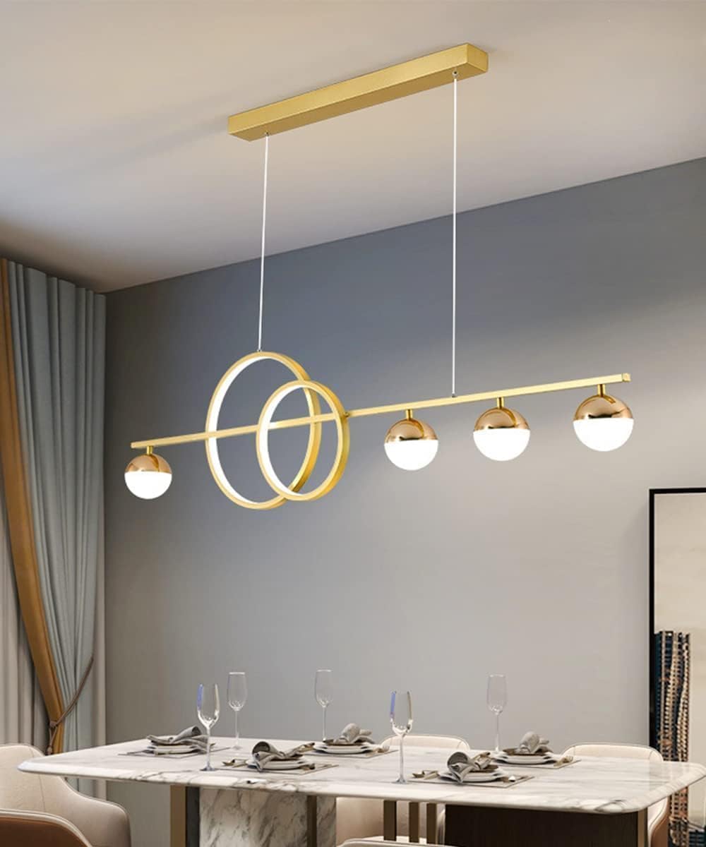 Nowoczesna lampa wisząca LED na wyspę kuchenną, złota, z możliwością ściemniania w paski, 32 W, z pilotem zdalnego sterowania, idealna do jadalni, salonu lub biura.
