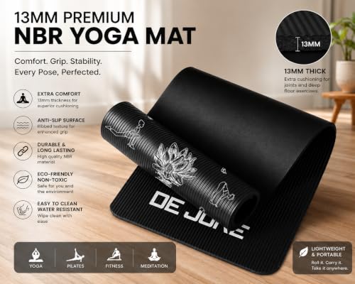 Image of De Jure Fitness Yoga Mat for Women and Men, 13mm Extra Thick Non-Slip NBR Exercise Mat for Yoga, Pilates, Gym & Floor Workouts - with Carry Strap