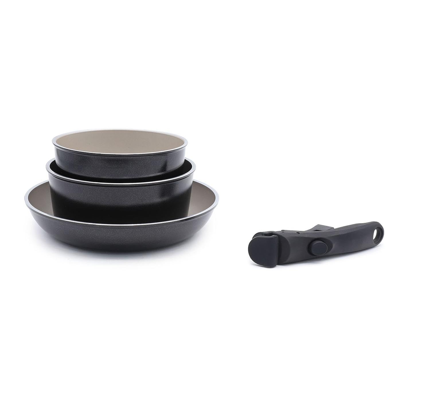 LAGUIOLE, Juego de cocina extraíble, 2 ollas y 1 sartén antiadherente, compatible con todas las fuentes de calor, Aluminio, Revestimiento antiadherente, fácil de limpiar, 16/18/24 cm, Negro/Champán