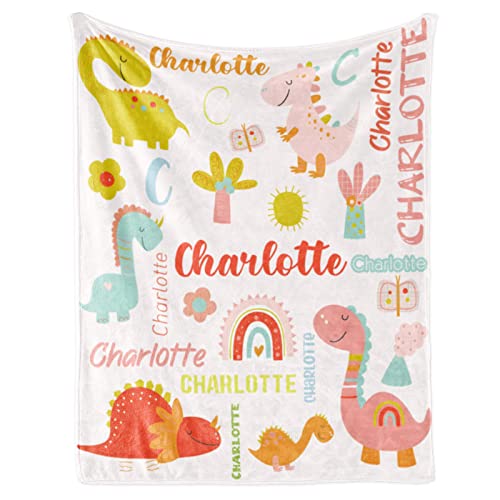 Image of Personalized Dinosaur Blanket with Name for Girl Custom Blanket for Kids
