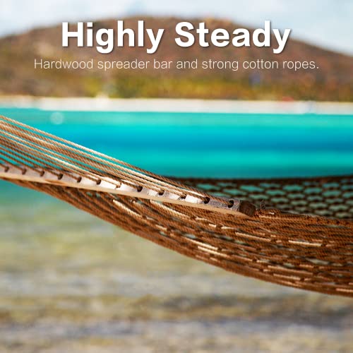 Gafete 52" Width Double Hammocks Traditional Hand Woven Cotton Rope With Tree Straps & Hooks Double Solid Wood Spreader Bar For 2 Person Outside Outdoor Indoor, Max 450Lbs (Coffee) #TOP1