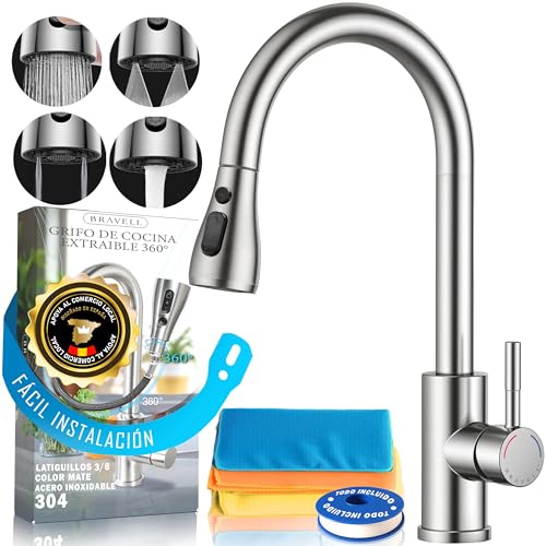 BRAVELL Grifo Cocina Extraible, Grifo Cocina Fregadero con 4 Modos Giratorio 360° Torneira Cozinha Monomando, Acero Inoxidable Mate, Latiguillos 3/8, Instalación Fácil y Completa (Acero mate 304 INOX)