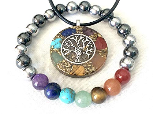 Seven chakra Orgone energy pendant necklace and beaded bracelet set. Silver Tree of Life. Magnetic hematite 8mm. Natural stones and healing crystals. Yoga & Reiki. EMF protection. Handmade in USA