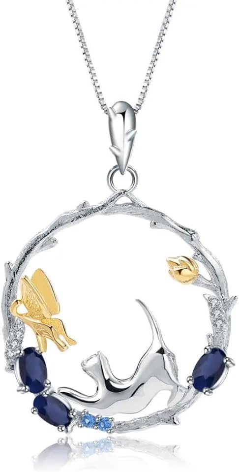 Collier chat en argent 925 de prestige et gemme bleue 0.84Ct