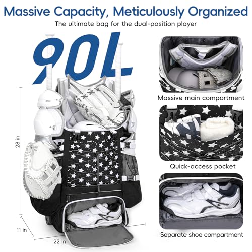 KAVIGOR Catchers Gear Bag with Wheels, 90L Rolling Baseball/Softball Bag Holds 2 Sets of Gear with Glove Compartment, Helmet Holder & Shoe Compartment