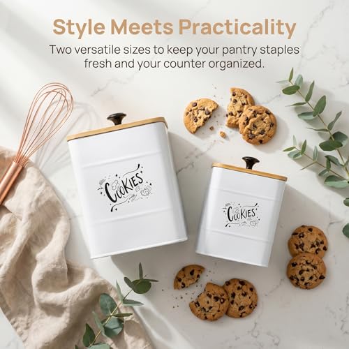 Image of Goaste 2 Sizes Metal Cookie Jars with Lid, 101 & 54 OZ White Candy Cookie Tins, Decorative Food Storage Containers, Vintage Cookie Canister with Wide Opening for Kitchen Counter, Pantry, Gift Giving