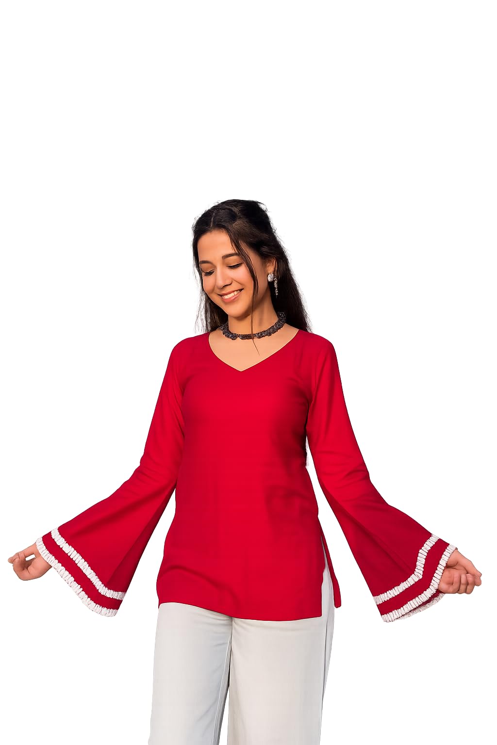 Womens Viscose Rayon Rad Ethnic Floral with Panel Design Short Kurtis-image-1