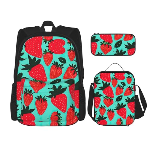 Cute Strawberry 3-Piece Set Backpack, Lunch Bag, And Pencil Case, Casual Cute Sets For Travel And College
