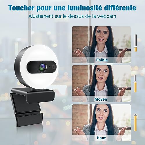 2K webcam pour pc, Caméra de Streaming avec éclairage Circulaire/trépied/Microphone, streamcam 360° Rotation, Protection de la Vie Privée, USB 2.0 Plug&Play, web camera pour ordinateur vidéoconférence – Image 5