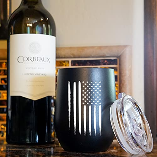 Military Gift Shop Outdoor American Flag Vacuum Insulated Wine Tumbler With Lid, Stainless Steel Glass 12Oz - Double Wall Stemless Metal Cup – Matte Black Colored With Laser Engraved Usa Flag #TOP1