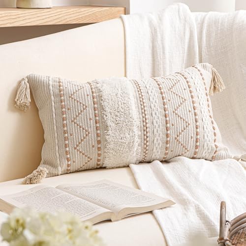 BlissBlush 12x20 Lumbar Pillow Cover, Cream Neutral Beige Rectangular Decorative