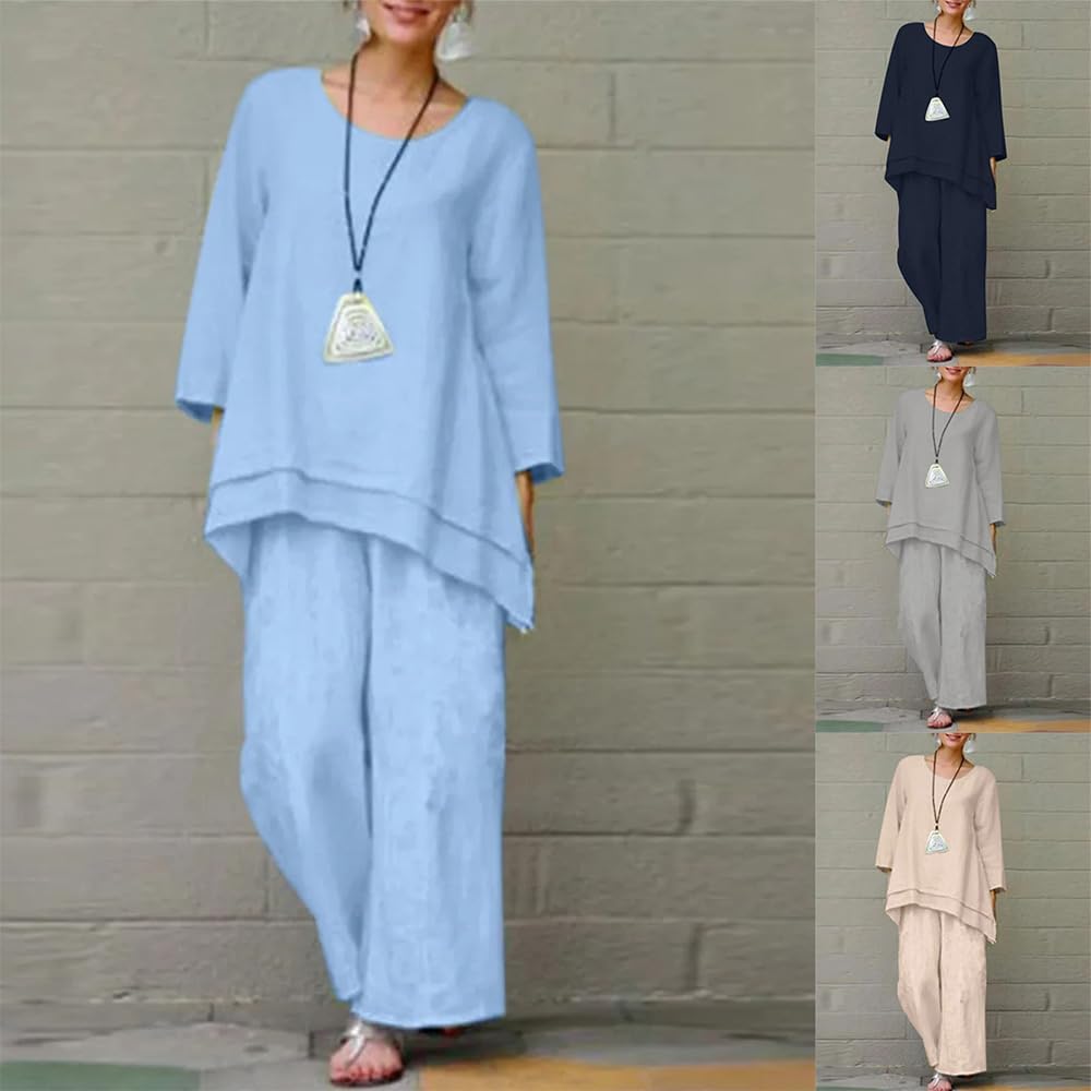 ZOCANIA 2 Piece Outfits Solid Color Cotton Linen Suits Sets Loose for Women Casual Suit 3/4 Sleeve Top Wide Leg Pants