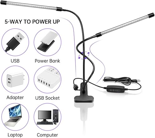 Miniatura 3 de inShareplus Luz UV LED de doble cabezal con USB, 395 nm-405 nm, luz UV regulable con clip, brilla en la oscuridad, lámpara negra de 20 W para
