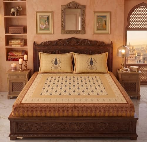 Image of VAS COLLECTIONS 240 TC Cotton King Size Fitted Bedsheet, Premium Soft Breathable Stretchable Mattress Sheet, Skin Friendly Durable Printed Bed Cover for Double Bed, 72 x 78 + 10 Inches - Honey Beige