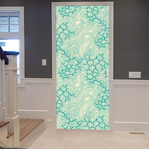 A.Monamour Pegatinas Decorativas de Puerta Autoadhesivo 3D Tribales Étnicas Océano Olas Verdes Tatuajes Fondo Arte Abstracto Vinilo para Puertas Mural PVC Pegatinas de Pared Foto Poster 77 x 200 cm Cover