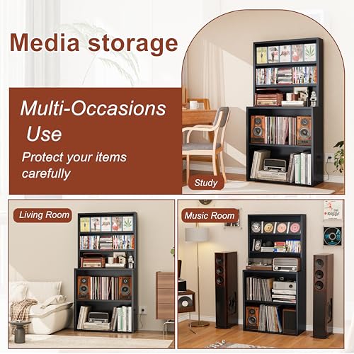 Image of Media Storage Cabinet, Heavy-Duty Metal Record Player Stand with Open Display Shelves for LPs, CDs, Books & Audio Equipment, Modern DVD Shelf Organizer for Living Room, Home Office, Black