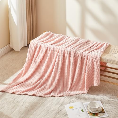 Image of EMME Fleece Blanket, 3D Jacquard Throw Blanket for Couch and Bed, Soft Cozy and Fluffy Blankets Lightweight Luxury Flannel with Geometric Grid Design (Pink, 50 inch x 60 inch)