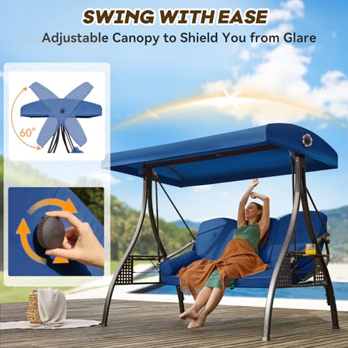 Image of 3 in 1 Outdoor Porch Swing with Adjustable Canopy, 3 Seat Outdoor Swing for Adults, Patio Swing Chair with Thickened Cushions,Pillows & Cup Holders for Backyard, Porch, Garden (Blue)