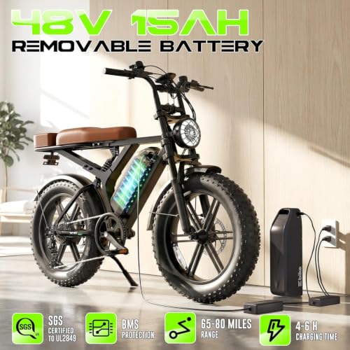 Image of Electric Bike for Adults, Peak 1500W Motor Retro E Bike, Range 65 /120Miles, 48V 15Ah Removable Battery, 20 inchx4 inch Fat Tires, Full Suspension, APP Control, Off-Road Ebike for City Commuting