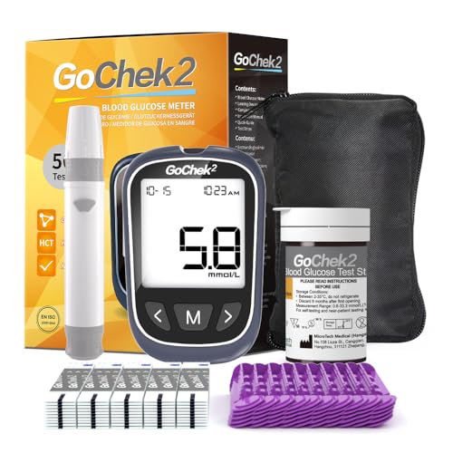 MicroTech Blood Sugar Monitor Kit 50 Strips & Lancets, No Coding, 500 Memroy Storage, Ketone and Hypo Warning, Wider HCT for Family (mmol)