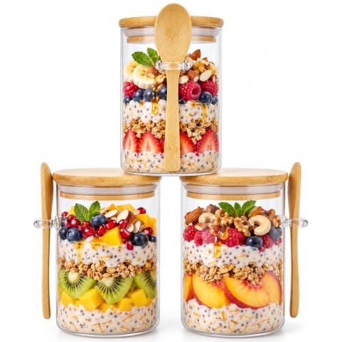 Saiveina 3 Pack Glass Overnight Oats Containers with Lids with Spoon 15oz