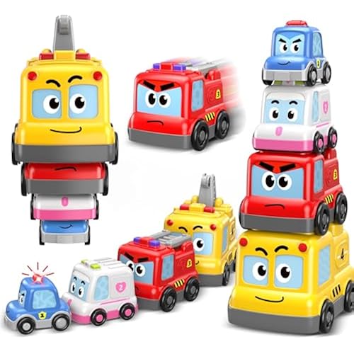 Bestbase 4-in-1 Montessori Toy Cars Set - Stacking Nesting Magnetic Toddler Toys 1-2, Sensory Toys with Lights, Music & Car Toys for Toddlers 1-3, Baby Toys for Boys Girls