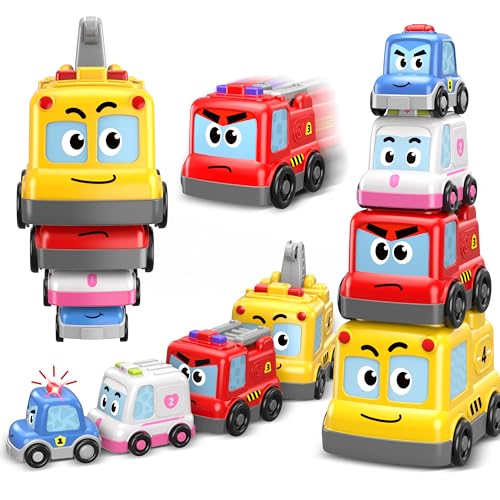 Bestbase 4-in-1 Montessori Toy Cars Set - Stacking Nesting Magnetic Toddler Toys 1-2, Sensory Toys with Lights, Music & Car Toys for Toddlers 1-3, Baby Toys for Boys Girls