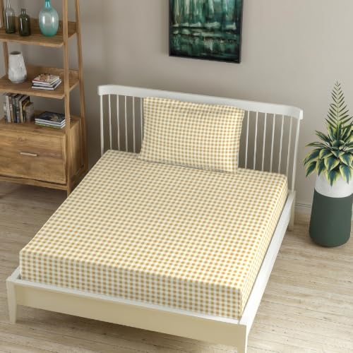 Image of MORADO Premium Glace Cotton 210 TC Single Bedsheet with 1 King Size Pillow Covers,60x90 Inches,Brown Check