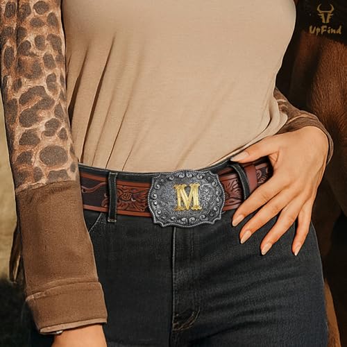 Western Cowboy Leather Belt Men Women, Gold Initial Letters ABCJMZ Buckle Embossed Belt for Jeans