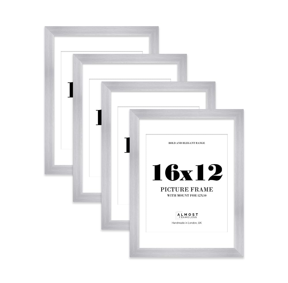 16x12" Silver Frame With Mount for 12x10" Pictures 28mm Edge Portrait and Landscape Display with Wall Hooks, 4 Pack