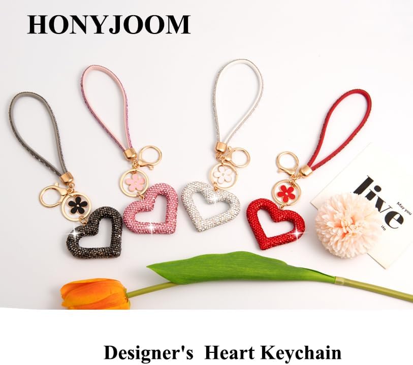 Cute Heart Keychains for Women, Bling Key chain Accessories Girly Wristlet Keychain for Car Keys, Backpack pom pom - Image 5