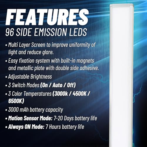 Image of Under Cabinet Lights, Pack of 2, 16 inches, 96 Side Emission LEDs, Rechargeable Battery, Under Cabinet Lighting, Motion Sensor Light, LED Lights for Bedroom, Home Decor, Night Light, Closet