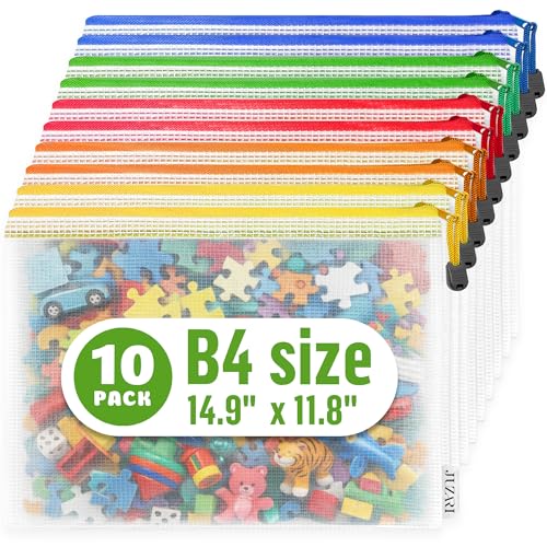 10 Pack Large Mesh Zipper Pouch B4 (12x15in) - Game Bags for Puzzle and Toy Storage Bags - Board Game Storage Zip Plastic Mesh Bags for Toys & Playroom Organization and Storage Zippered Pouches Folder