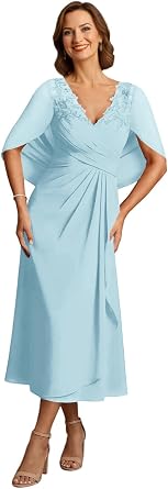 Chiffon Mother of The Bride Dress for Women Midi Lace Applique Grandmother of The Groom Dresses with Cape Sleeve