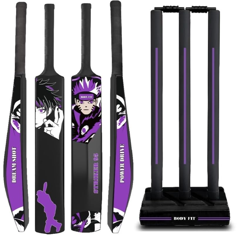 Image of Bodyfit Heavy Duty Plastic Premium Cricket Bat for Men, Women & Children | Lightweight| Full Size| | Hard Plastic Bat| Premium Cricket Wicket Set l 3 Stumps+2 Bails+1 Stand Set. (Black-F Purple)