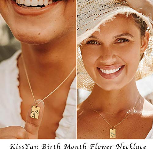 Kissyan Birth Flower Necklace, 18K Gold Plated Dainty Birth Month Floral Pendant Necklace Simple Birth Flower Necklaces Minimalist Delicate Birthday Jewelry Gift For Her Women(Square Sep) #TOP2