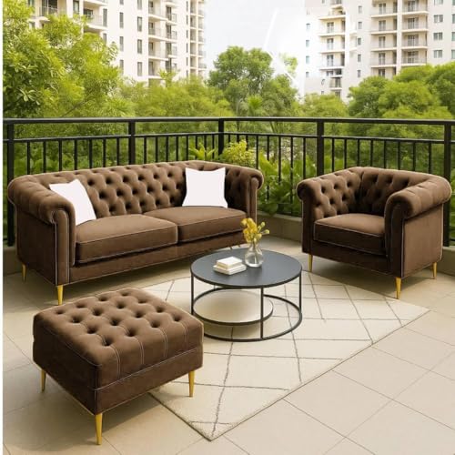 Image of Classic 3+1= 4 Seater with Footrest Seater Sofa Set Luxury Chesterfield Modern Fahionalable Sleeper Sofa for Living Room, Dining Room, (Brown A1)