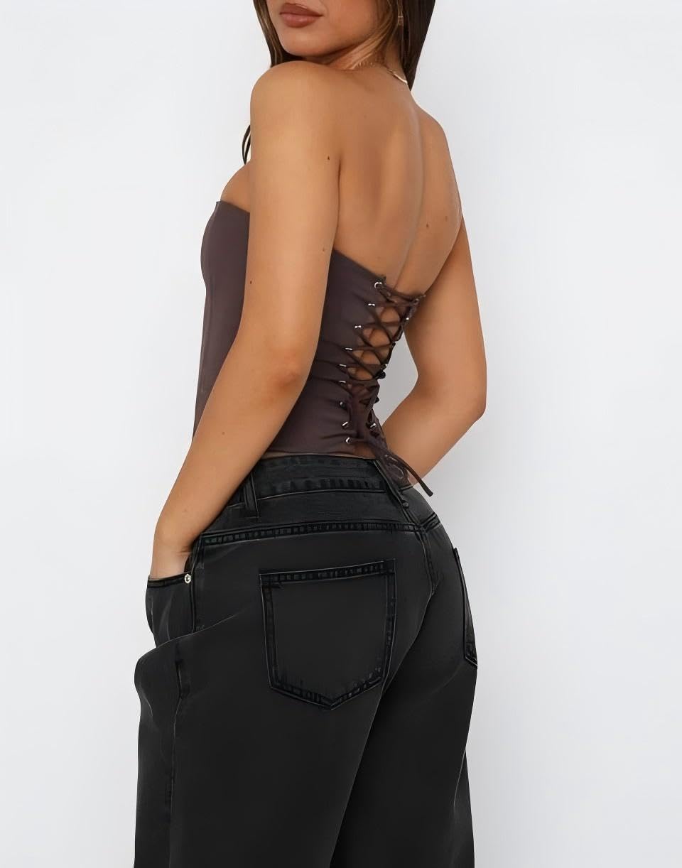 Bustino da donna in rete senza spalline Y2k con cerniera posteriore e bustino disossato top bodyshaper tubo top sexy per uscire corsetto bustier