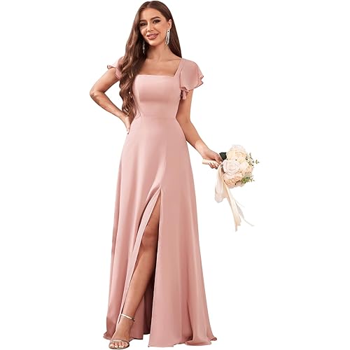 OFEECHUN Women's Chiffon Long Bridesmaid Dresses with Sleeves A Line Evening Formal Party Dress with Slit