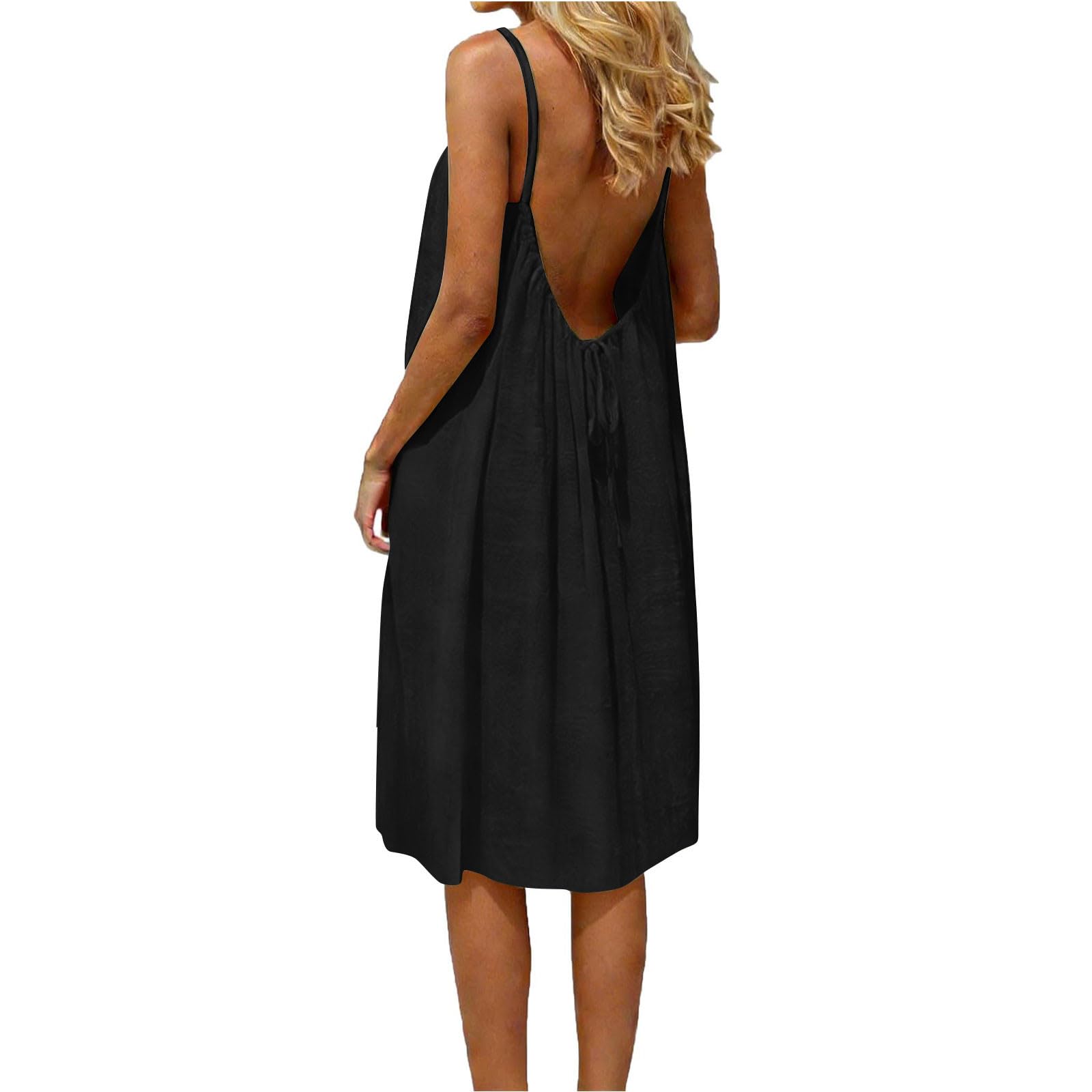 AMhomely Backless Cami Lounge Dress Short-Plus Size Summer Dresses UK,Loose Sleeveless Solid Tank Dress,Beach Cover Ups Dresses Smock with Back Tie,Lpungewear,Boho,Holiday Vacation B Black XL