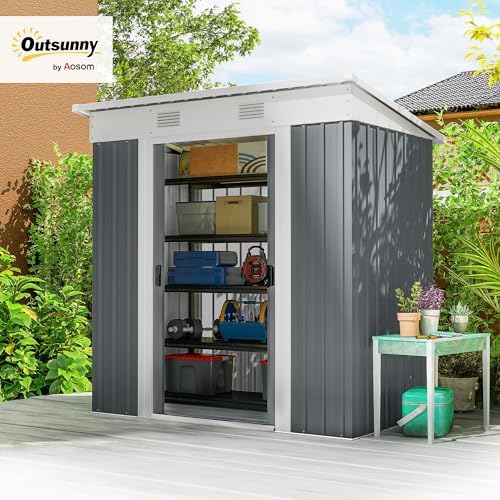 Outsunny 6' x 4' Outdoor Storage Shed, Metal Garden Tool Storage House Organizer with Lockable Sliding Doors and Vents for Backyard Patio Lawn, Grey