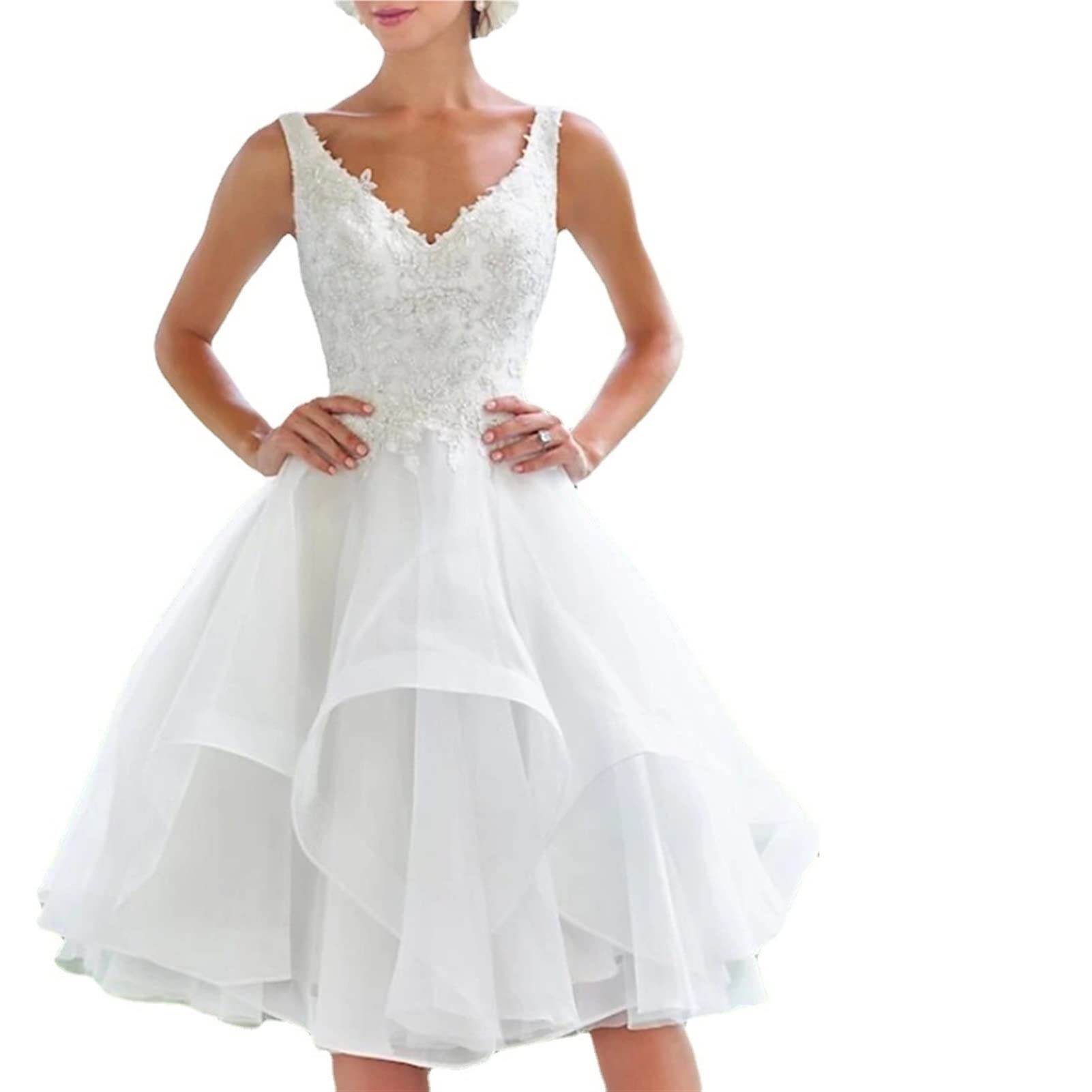 Robe de mariée Courte en Tulle de Mariage à Double épaule avec Jupe imprimée Dos Nu en Dentelle (Color : White, Size : XL)