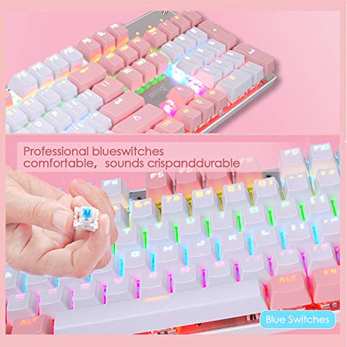 Tastiera meccanica di gioco cablata Switch blu 104 tasti LED RGB 9 Modalità di retroilluminazione Pannello metallico anti-ghosting Layout ergonomico di chiavi USB per giocatori For game Typist (Rosa)